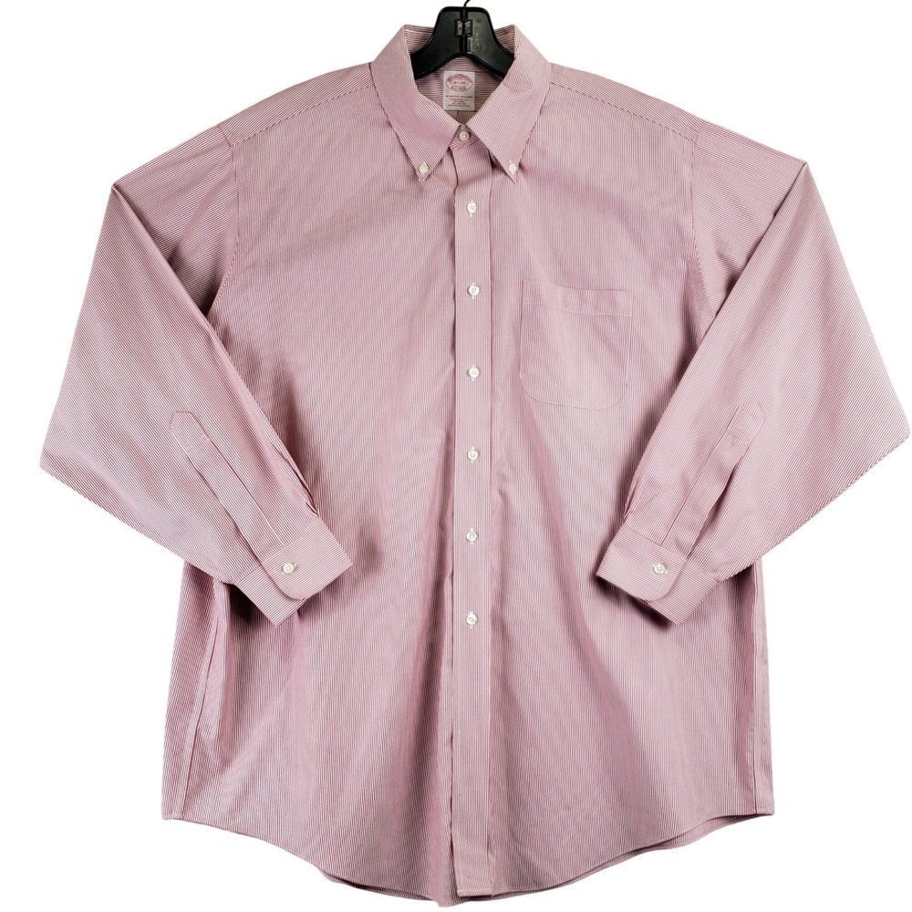 Brooks Brothers Shirt Mens 17.5-34 Red Stripe Traditional Fit Preppy Office
